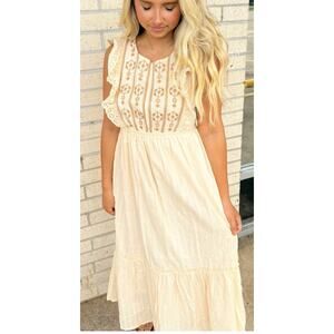 Flowy lined Sz S Beige Brown Embroidered Ruffles Boho Peasant Midi Dress